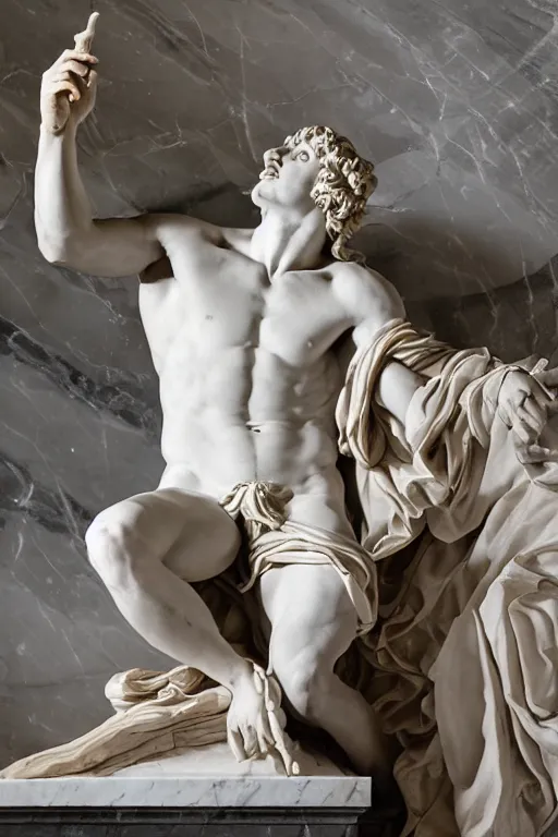 Image similar to epic and dramatic view of dressed roman god sculpting himself statue made in tannish polished marble, carrara marble wall i the background, realistic and ultra detailed by bernini, 8 k