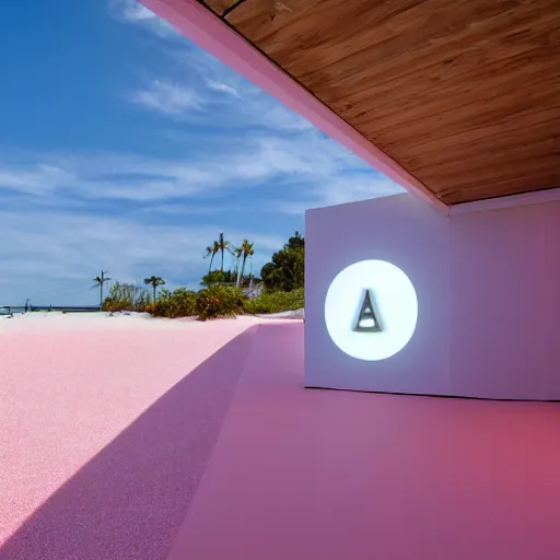 Prompt: An ultra high definition, professional photograph of an outdoor partial IKEA showroom inspired sculpture with a white outdoor dot matrix light sign displaying an emoji, located on a pastel pink beach ((with pastel pink, dimpled sand where every item is pastel pink. )) The sun can be seen rising through a window in the showroom. The showroom unit is outdoors and the floor is made of dimpled sand. The showroom unit takes up 20% of the frame and is surrounded by barren beach environment. A square dot matrix sign displays an emoji somewhere in the scene. Morning time indirect lighting with on location production lighting on the showroom. In the style of wallpaper magazine, Wes Anderson.