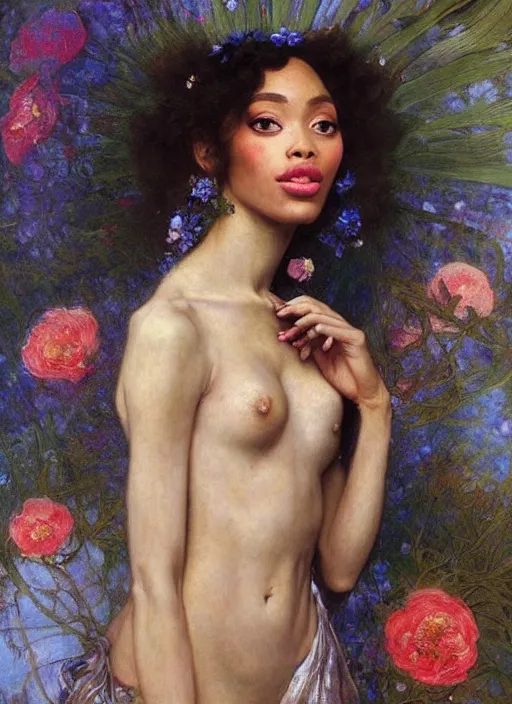 Image similar to a realistic oil painting of a beautiful young woman resembling winnie harlow, flowing robes, silk dress, peonies, crystal encrustations, underwater, fantasy art, by mucha, by bouguereau, intricate, colorful