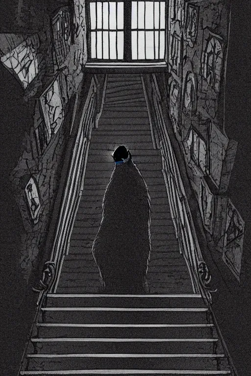 Image similar to looking down a flight of dimly lit stairs, first person perspective, black cat looking up from the base of the stairs, digital illustration, artstation, artstation hq, hd