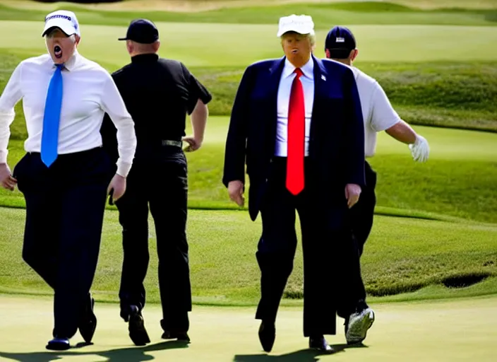 Image similar to front view of a single Donald Trump wearing handcuffs escorted by two young FBI agents wearing uniforms at golf course, photo by Alex Webb, press photo, Reuters media