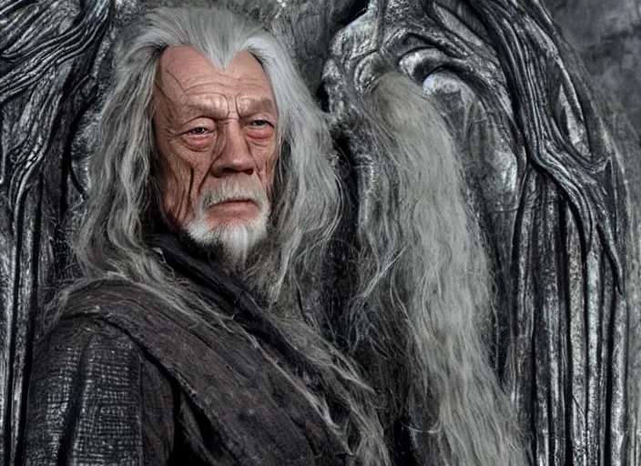 Prompt: gandalf played by lance henriksen stood outside orthanc, style of h. r. giger, directed by david fincher