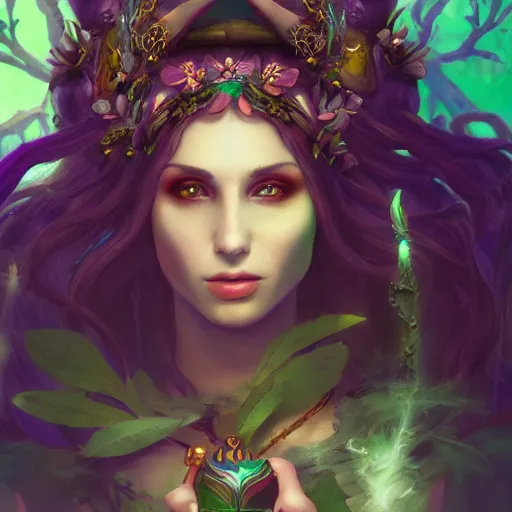 Prompt: Beautiful art portrait of a female fantasy sorceress in a dark mystical fantasy temple surrounded by lush spring time forest ,masterpiece, trending on artstation unreal 5, DAZ, hyperrealistic, octane render, dungeons and dragons, dynamic lighting