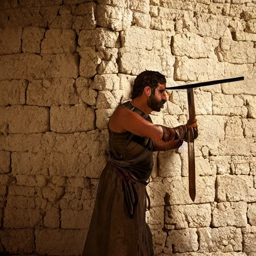 Prompt: award winning cinematic still of 40 year old Mediterranean skinned man in Ancient Canaanite clothing fixing a crumbled wall in Jerusalem, holding a sword and a chisel, dramatic lighting, strong shadows, directed by Ridley Scott