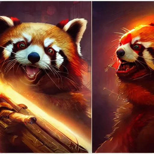 Image similar to red panda as warhammer character, digital illustration portrait design, by android jones and greg rutkowski, retrowave color scheme, detailed, cinematic lighting, wide angle action dynamic portrait