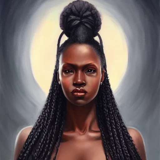 Image similar to a detailed matte oil on canvas head on symmetrical portrait of black skinned woman with long with hair, clothed by charlie bowater, lise deharme, wlop, trending on artstationhd, dungeons and dragons art critical role