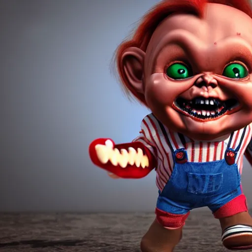 Prompt: screaming chucky doll balloons octane render