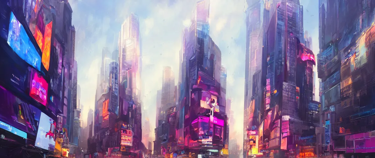 Prompt: huge modern downtown city, billboards, Times Square, concept art, digital painting, style of jordan grimmer, warm lighting, futuristic, volumetric lighting, view from below, vivid colours, bright, daytime, godrays , high detail