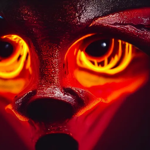 Prompt: fiery whimsical uncanny eyes of an inner demon, in a photorealistic macro photograph with shallow DOF