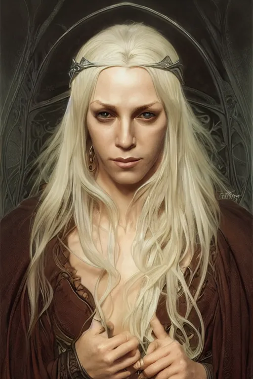 Image similar to portrait of an old blonde elven mage, dark, piercing eyes, gentle expression, elegant clothing, photorealistic, highly detailed, artstation, smooth, sharp focus, art by michael whelan, artgerm, greg rutkowski and alphonse mucha