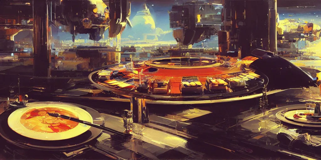 Prompt: detailed painting of a aspic on plate, ralph mcquarrie, jama jurabaev, syd mead, john berkey, robert mccall trending on artstation, highly detailed oil painting, hyperrealistic, cinematic, dramatic lighting