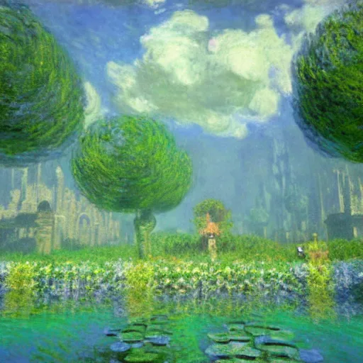 Prompt: gloomy underwater pastoral dreamscape by claude monet, from legend of zelda water temple level