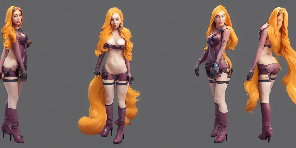 Prompt: character sheet of sophie turner as miss fortune (League of Legends). 3d render, octane render, iRay, ray tracing, realistic, highly detailed, trending on artstation, 4k, cgsociety, unreal engine 5, redshift render, blender cycles, behance, cg