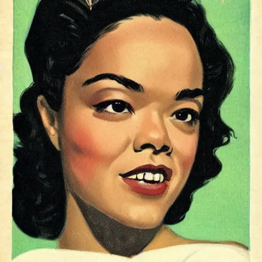 Image similar to “Tessa Thompson portrait, color vintage magazine illustration 1950”