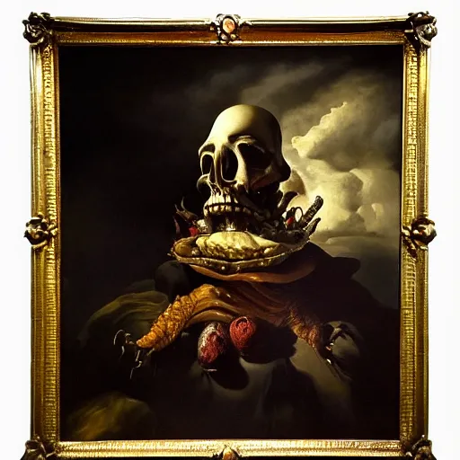 Image similar to refined gorgeous blended oil painting with black background by christian rex van minnen rachel ruysch dali todd schorr of a chiaroscuro portrait of an extremely bizarre disturbing mutated man with shiny skin acne dutch golden age vanitas intense chiaroscuro cast shadows obscuring features dramatic lighting perfect composition masterpiece