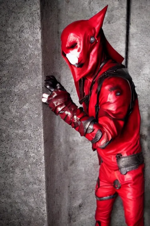 Prompt: red hood cosplay, creepy, disturbing, bloody, darkness