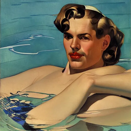 Image similar to portrait of a man swimming in a pool in california, by j. c. leyendecker, tamara de lempicka