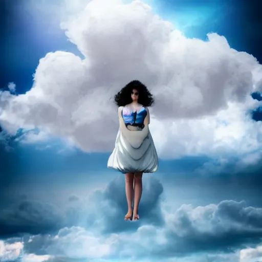 Image similar to goddess wearing a cloud fashion on the clouds, photoshop, colossal, creative, giant, digital art, photo manipulation, clouds, sky view from the airplane window, covered in clouds, girl clouds, on clouds, covered by clouds, a plane