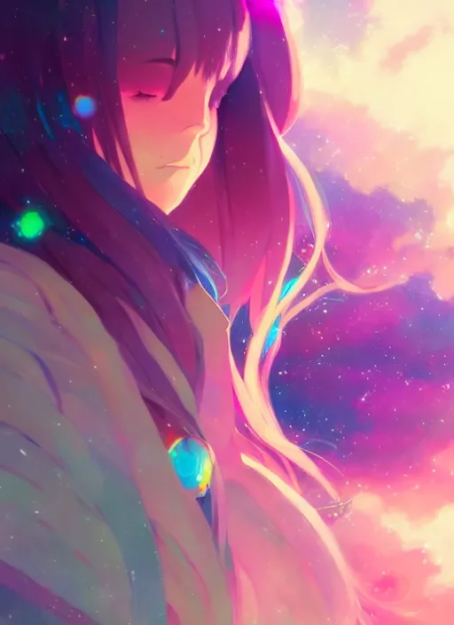 Image similar to portrait of a cute wizard girl, very psychedelic rainbow space background illustration concept art anime key visual trending pixiv fanbox by wlop and greg rutkowski and makoto shinkai and studio ghibli and kyoto animation