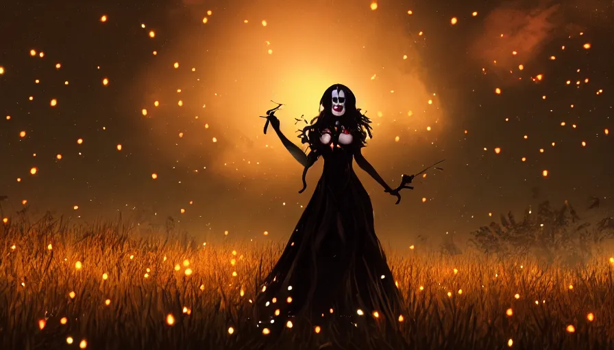 Image similar to lady death surrounded by fireflies walking away with me, cinematic lighting, wow, establishing shot