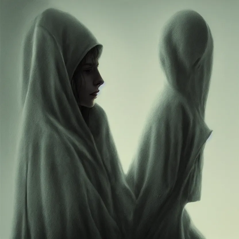 Image similar to Portrait of a young woman wearing a hooded robe, cinematic lighting, unique, intricate, elegant, highly detailed digital painting, trending on Artstation, concept art, smooth, sharp focus, illustration and art by Beksinski