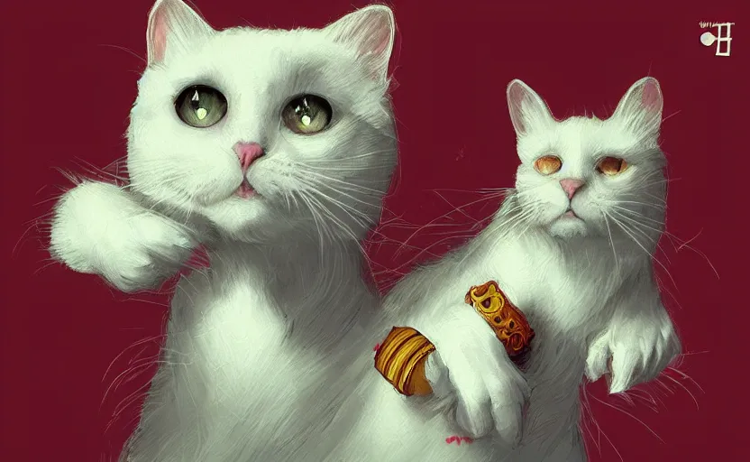 Prompt: “White cat with dark spot on the head is the queen and ruler. Humans serve and pet the cat and bring food. Artstation. Retro colors. Detailed.”