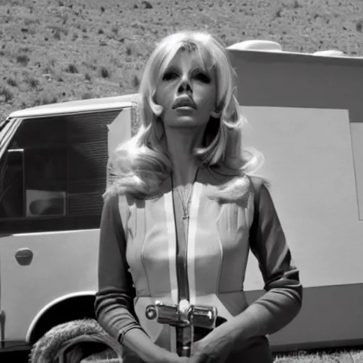 Prompt: Nancy sinatra photoshoot, backround: breaking bad rv, highly detailed