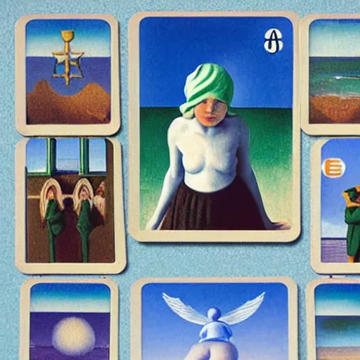 Image similar to An angel with jester hat and clothes on the front of a Balustrade with a beach on the background, major arcana cards, by Rene Magritte, hyperrealistic