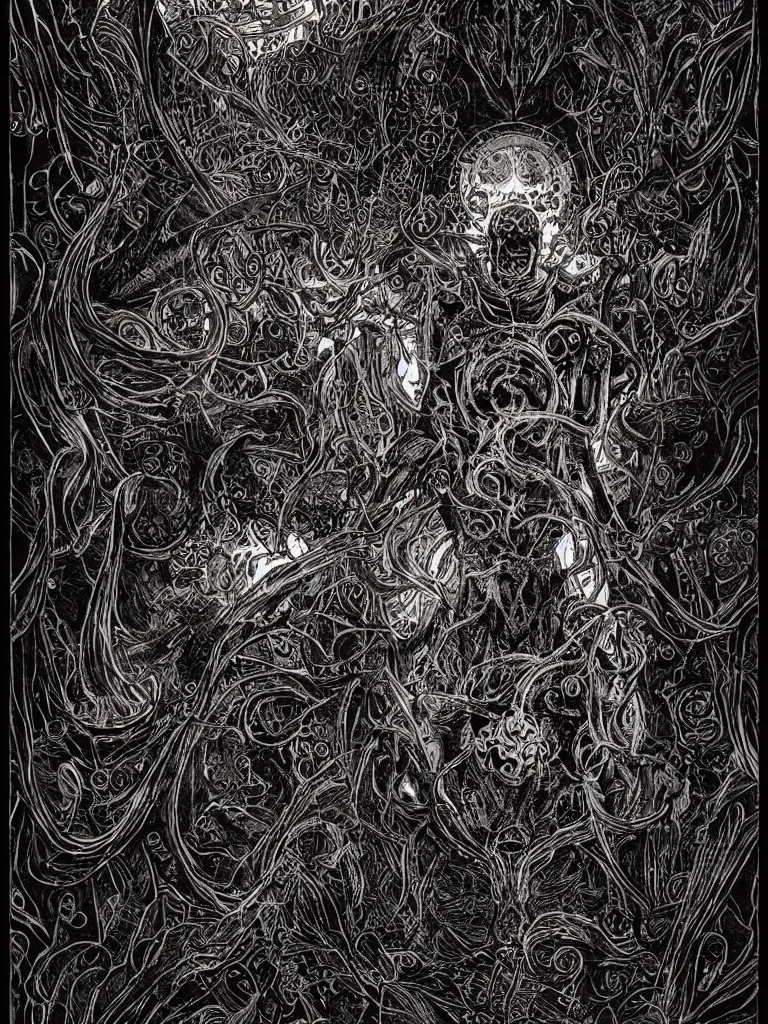 Prompt: black paper, tarot card ,eldritch god, vintage detailed sci-fi illustration designed by Marc Simonetti and Mike Mignola, psychedelic black light style, intricate ink illustration, symmetry , bloodborne.