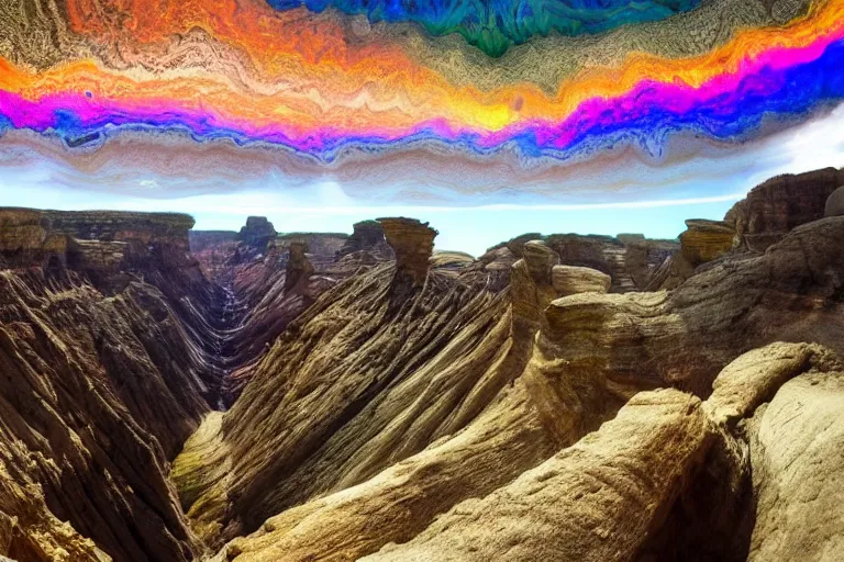 Prompt: photo from the edge of a huge canyon on an alien world, bizarre and beautiful geographical features, stunning iridescent clouds, ferrofluid oceans, professional nature photography