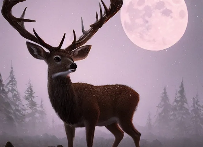 Prompt: deer with glowing antlers, moonlight, art by artgerm and greg rutkowski, cinematic shot, intricate, photorealistic, artstation, realistic, 1 0 0 mm, photography, octane, high definition, depth of field, bokeh, 8 k