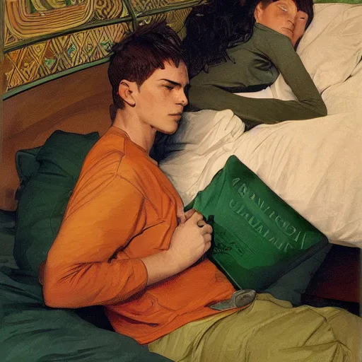 Prompt: young man in orange shirt and a girl in green shirt sleeping in bed close to guinness bottles highly detailed, digital painting, artstation, concept art, smooth, sharp focus, illustration, art by artgerm and greg rutkowski and alphonse mucha