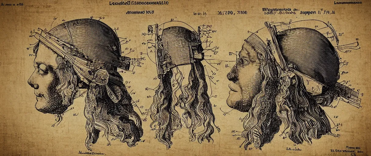 Image similar to an amazingly detailed leonardo davinci human-powered creativity-amplifier that is worn on the head. in the style of a patent diagram. rendered precisely.