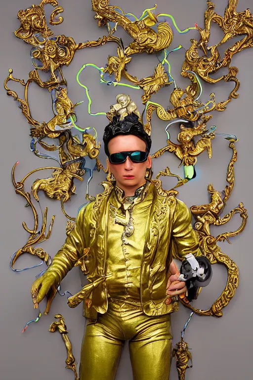 Image similar to full-body neon porcelain bladerunner and rococo style sculpture of a young handsome Cuban prince wearing cholo shades as a half android with a porcelain chest opening exposing circuitry and electric sparks, glowing laser beam eyes, crown of giant diamonds, flowing neon-colored silk, fabric, raptors. baroque elements. full-length view. baroque element. intricate artwork by caravaggio. many many birds birds on background. Trending on artstation, octane render, cinematic lighting from the right, hyper realism, octane render, 8k, depth of field, 3D