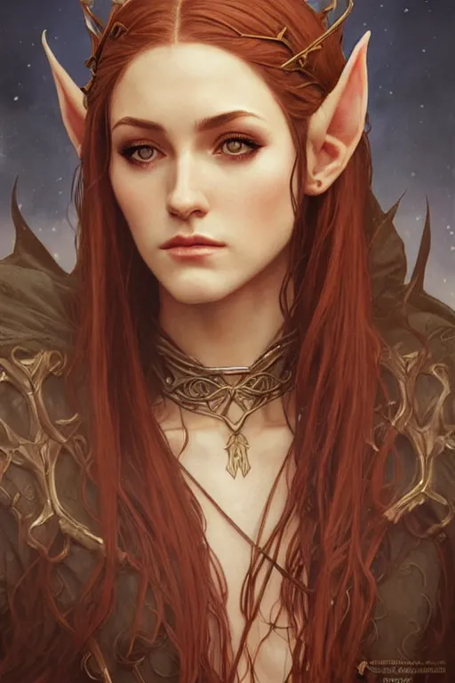 Image similar to portrait of katherine mcnamara elven mage, dark, piercing eyes, gentle expression, elegant clothing, photorealistic, highly detailed, artstation, smooth, sharp focus, art by michael whelan, artgerm, greg rutkowski and alphonse mucha