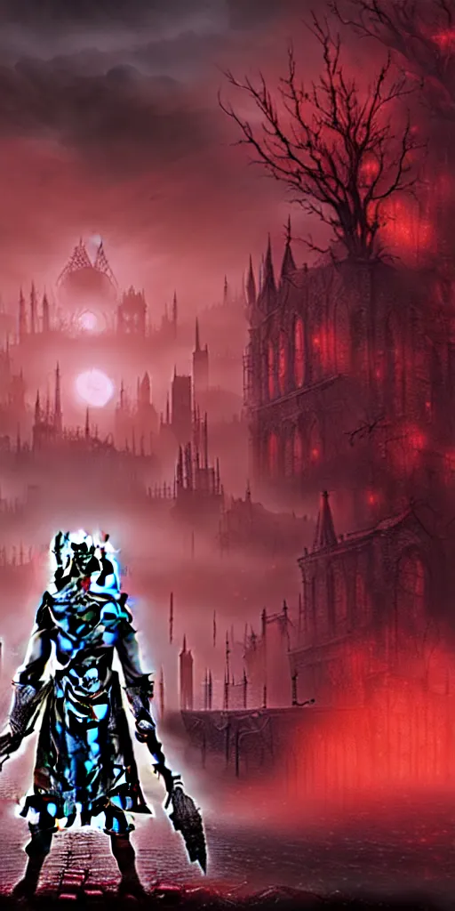 Image similar to abandoned bloodborne old valley with a person at the centre and a ruined city at the end, trees and stars in the background, falling red petals, epic red - orange moonlight, perfect lightning, illustration by niko delort and kentaro miura, 4 k, ultra realistic