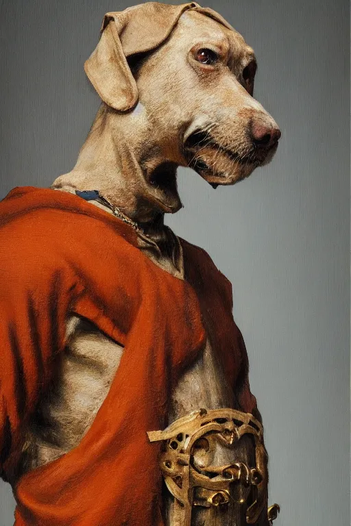 Image similar to Slavic dog head man, woolen torso in medieval clothes, oil painting, hyperrealism, beautiful, high resolution, trending on artstation,