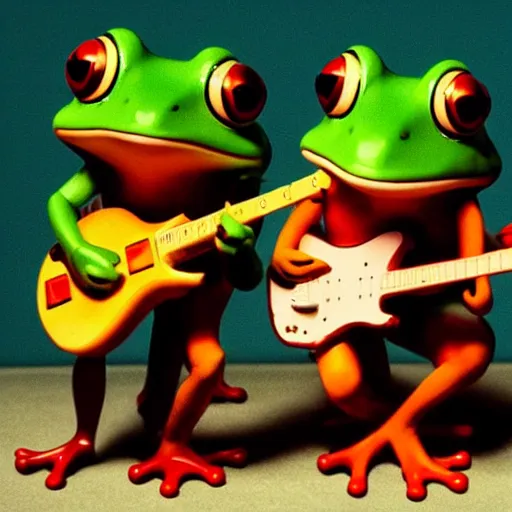 Prompt: 3 frogs playing instruments in a band, high-definition photograph