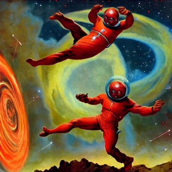 Prompt: two scientists wearing red hazmat suits leaping into geometric nebula portal by frank frazetta