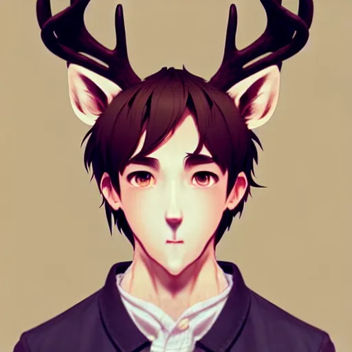 Image similar to character design portrait of a kind anthropomorphic furry deer man with deer ears, short brown hair, wearing a shirt, looking at the camera, 4 k, concept art, by wlop, ilya kuvshinov, artgerm, krenz cushart, pixiv.