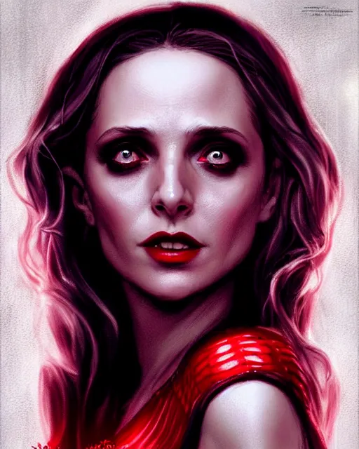 Image similar to Scarlet witch outfit Sarah Michelle Gellar, black magic, realistic character concept, full body, scary pose, comic book, illustration,;cinematic lighting, high resolution, Charlie Bowater, Norman Rockwell, symmetrical eyes, single face, insanely detailed and intricate, beautiful