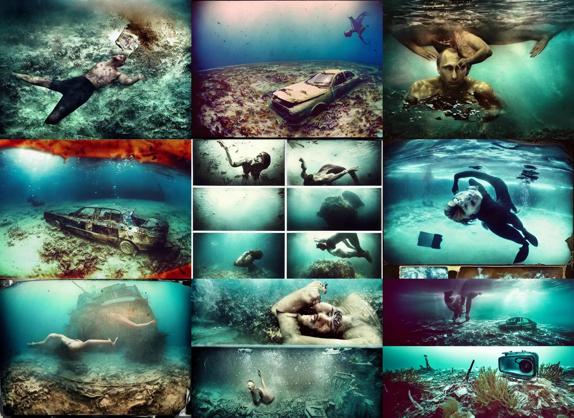 Prompt: underwater photographs of vladimir putin underwater, close headshot macro in postapocalyptic abandoned destroyed deep sea times square, wrecked buildings, destroyed flipped wrecked cars, underwater polaroid photo, vintage, neutral colors, underwater, by shawn heinrichs and gregory crewdson