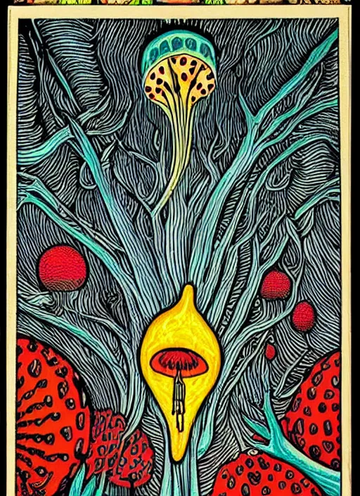 Prompt: tarot card designed by charles burns, painted with oil paint, depicting amanita muscaria, ritual, dmt space, intricate, ornate