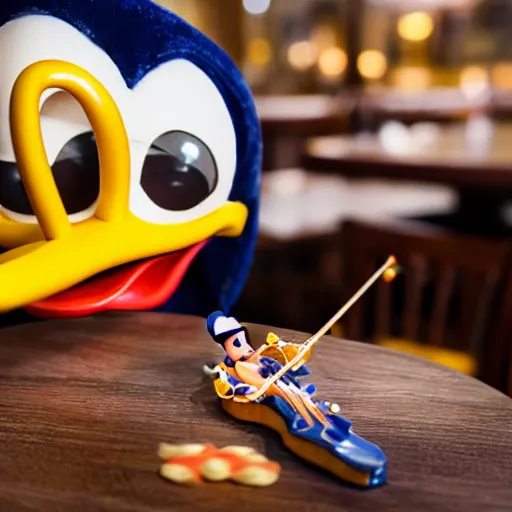 Prompt: donald duck sleeping in a restaurant surrounded by laughing drunk people eating spaghetti and playing violins. highly detailed flash photography. shallow depth of field