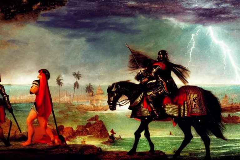 Image similar to Close-up of the Knight leaving the palace, refracted sparkles, thunderstorm, beach and Tropical vegetation on the background major arcana sky and symbols, by paul delaroche, hyperrealistic 4k uhd, award-winning, very detailed paradise