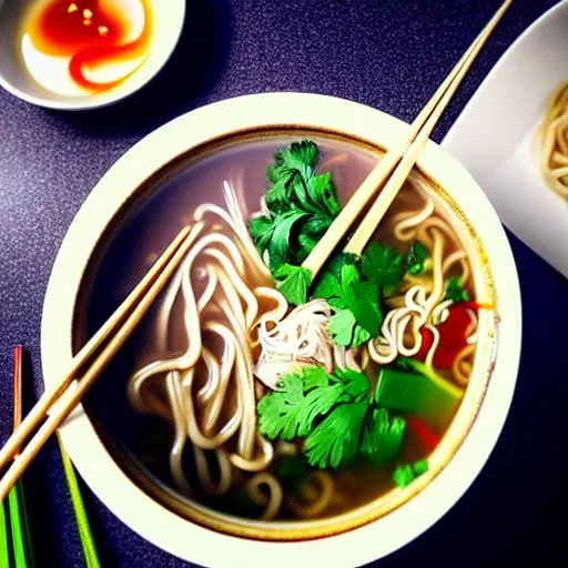 Image similar to realistic photo of delicious pho, ramen, highly detailed, by marc haydon, kailee mandel, masterpiece, award winning, food photography