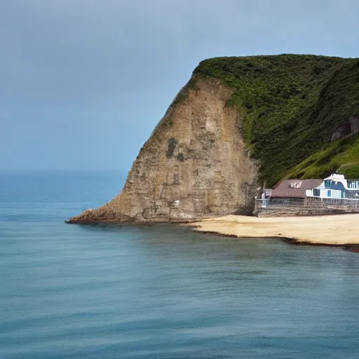 Image similar to a picture of a huge seaside cliff with a beach at the bottom, and small bronen huts in the beach, and a huge mansion on the top of the cliff