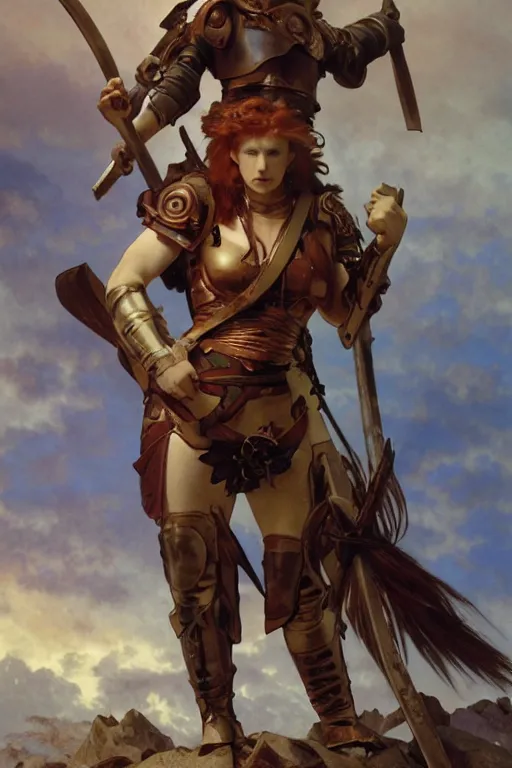 Image similar to full - body matte portrait of a legion of red haired lesbian valkyries in a heroic pose and wearing thick bronze plate armor at the top of a mountain holding a spear made of lightning, art by albert bierstadt, alphonse mucha, andreas rocha, greg rutkowski, sharp edges. ultra clear detailed. 8 k. elegant. octane render