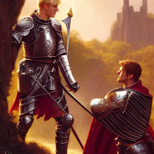 Image similar to attractive arthur pendragon and his favourite attractive male knight, they are in love, camelot, natural lighting, path traced, highly detailed, high quality, digital painting, by gaston bussiere and ross tran and j. c. leyendecker