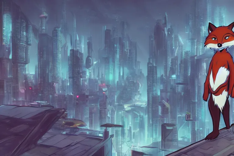 Image similar to an anthropomorphic fox with a fluffy tail staring over a futuristic city from the top of a roof, comic art, trending on furaffinity, cyberpunk, backlighting, cartoon